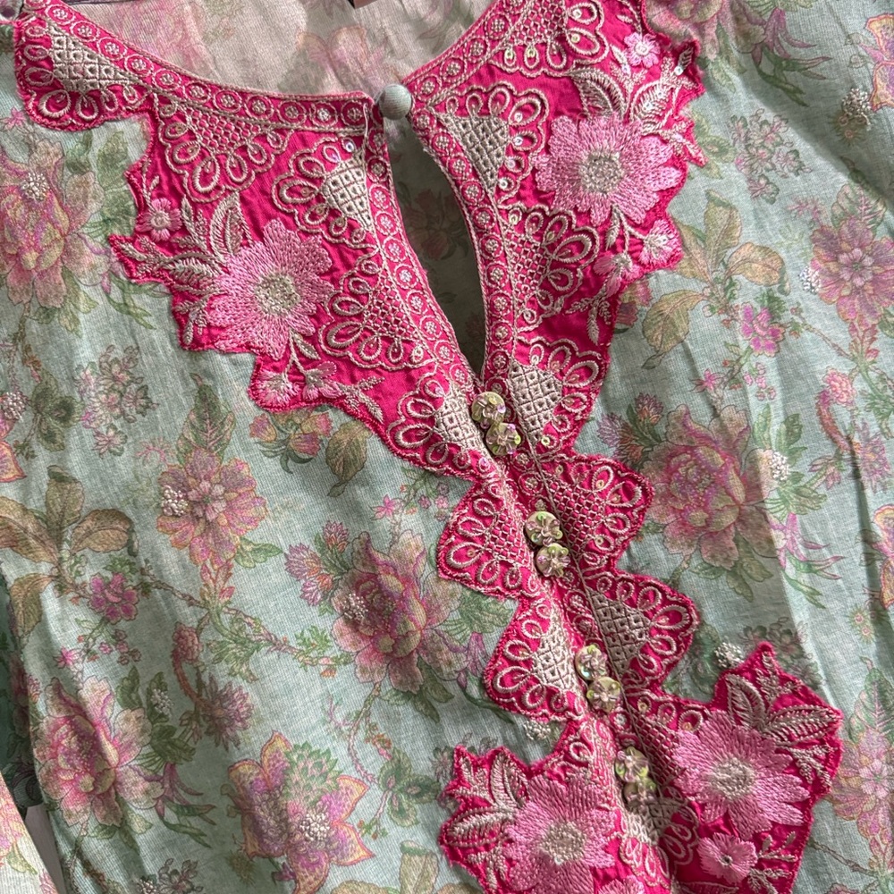 Floral Green and Pink Kurta with Dupatta